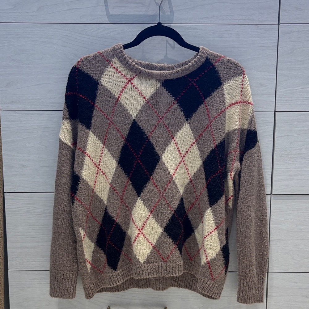 THE GREAT. Argyle Sweater in Cream, Black, and Red